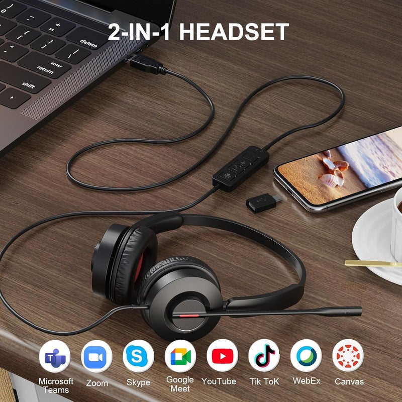 MAIRDI سماعة USB مع ميكروفون للكمبيوتر، سماعة سلكية USB A/Type C مع ميكروفون لإلغاء الضوضاء للاستخدام في المكتب والاجتماعات التجارية مع فرق العمل - Image 4